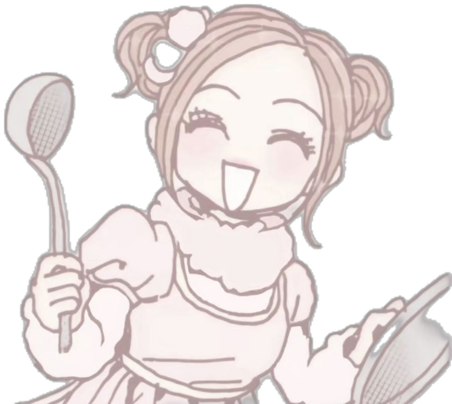 Happy pink manga character holding a spoon