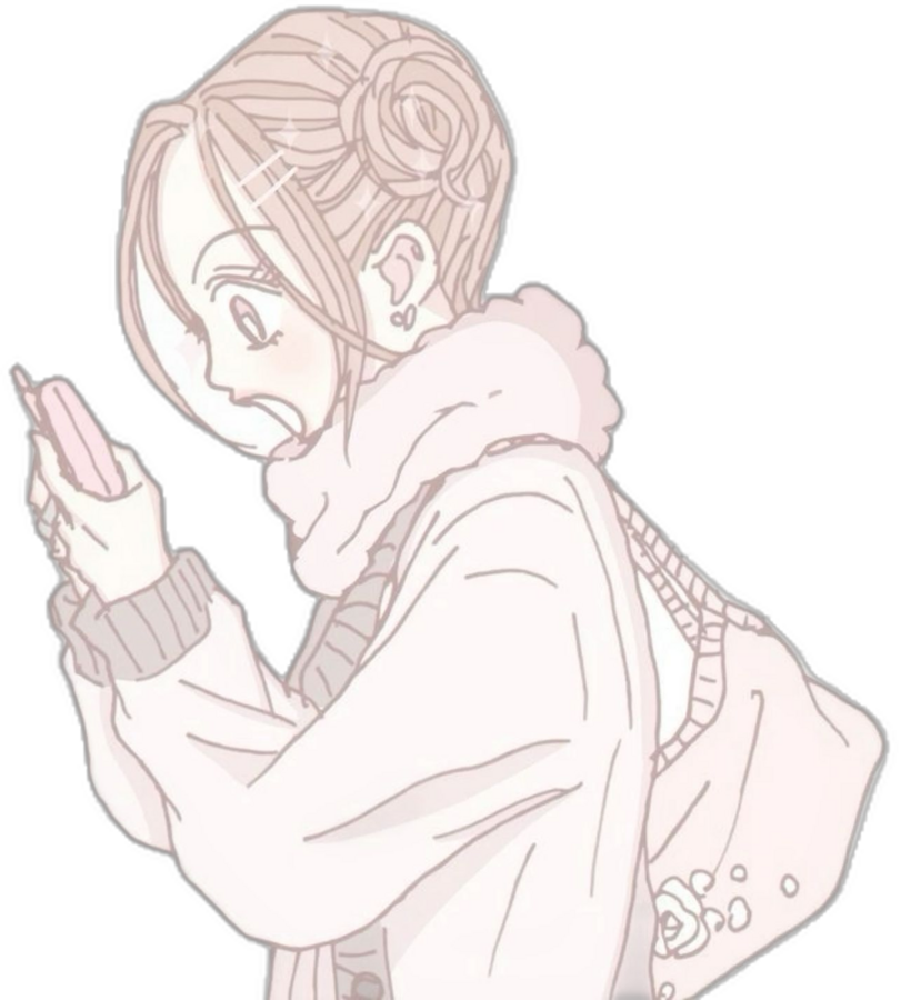 Pink manga character looking at her phone