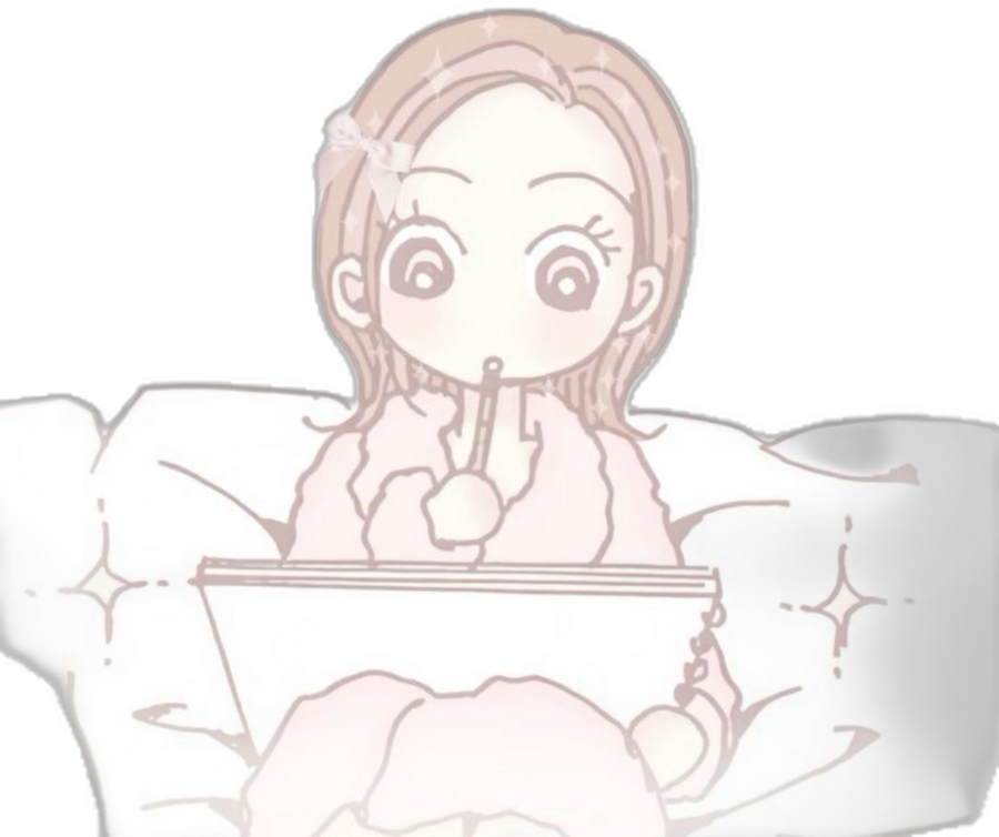 Pink manga character thinking over a notepad
