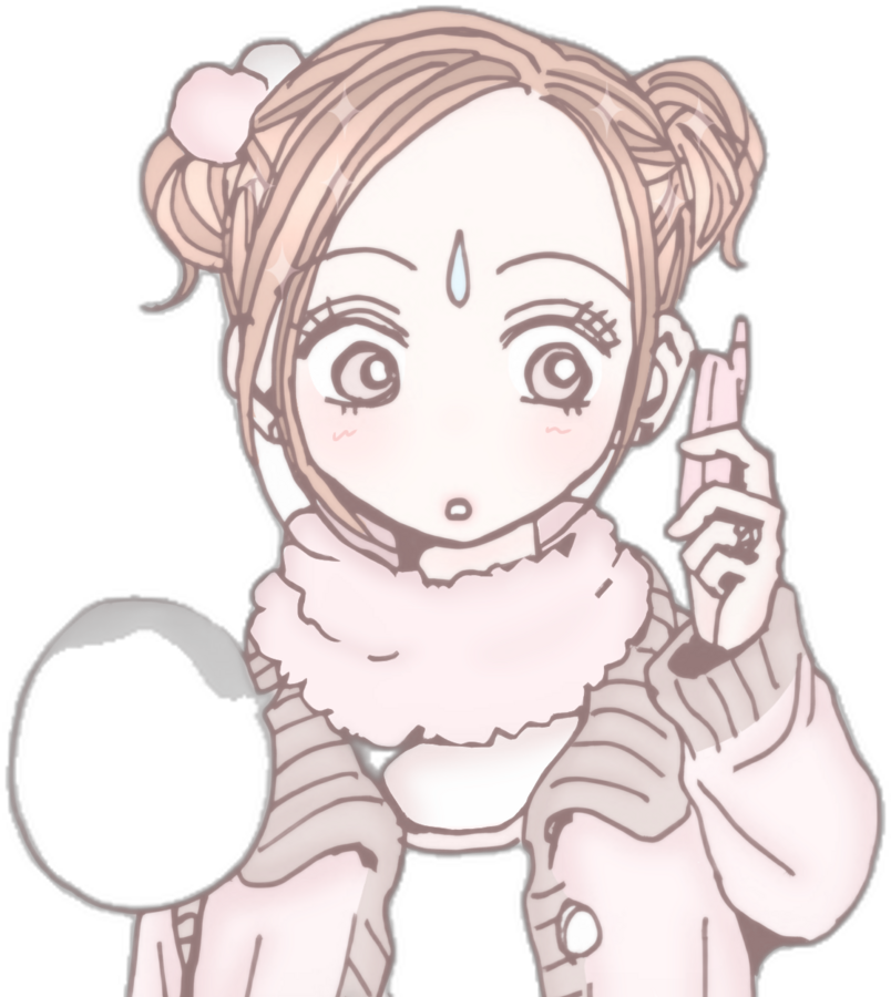 Pink manga character looking worried while on the phone