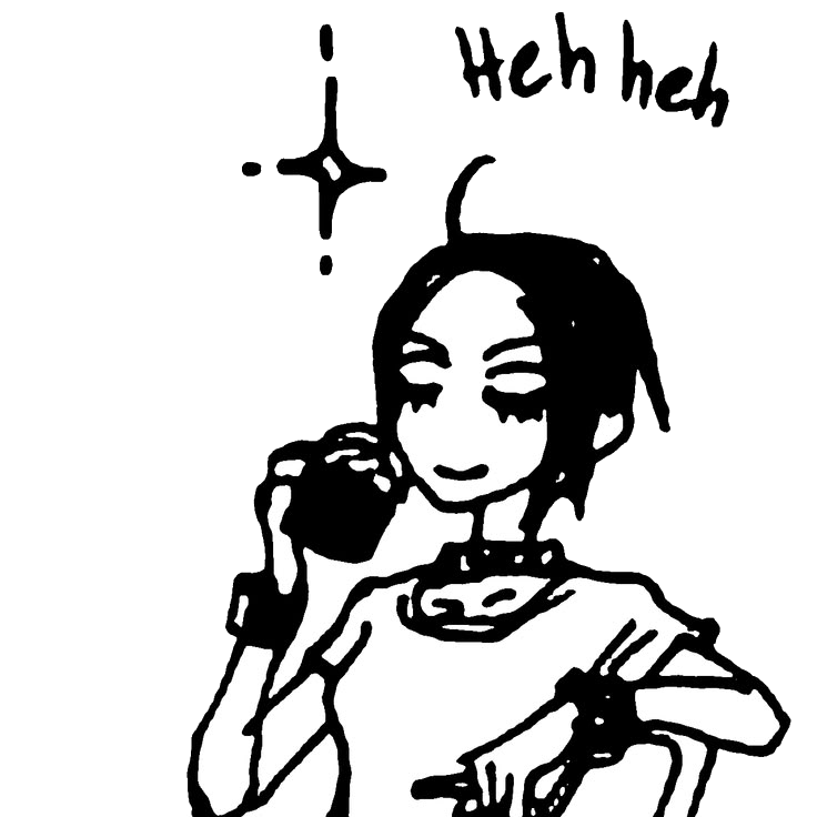 Black and white manga character smiling with a drink