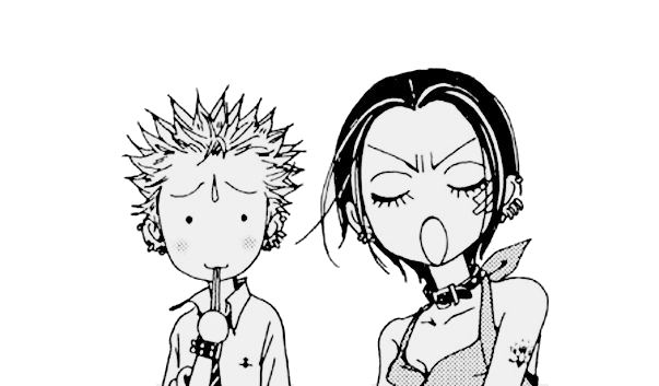 Two black and white manga characters sharing a surprised moment