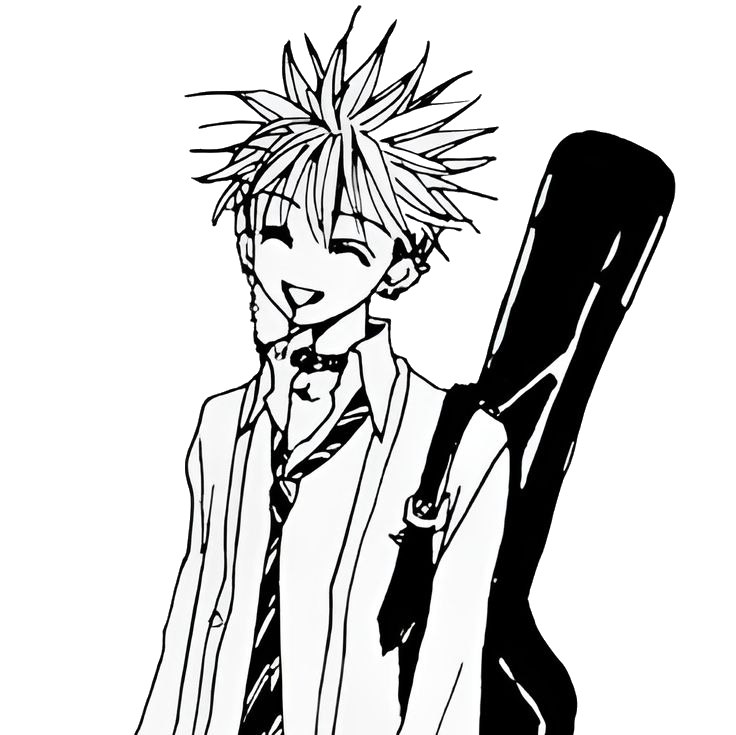 Black and white manga character carrying a guitar case